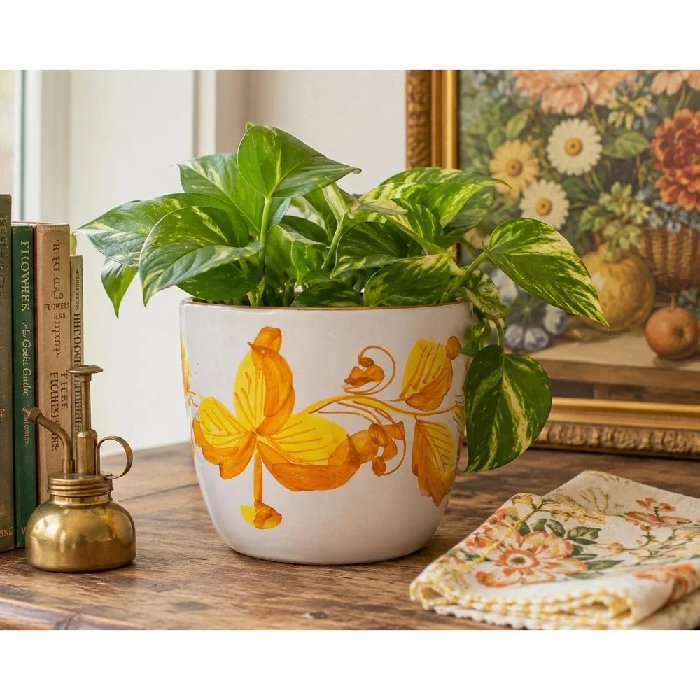 Vintage Italian Hand Painted Floral Ceramic Planter Cache Pot Yellow